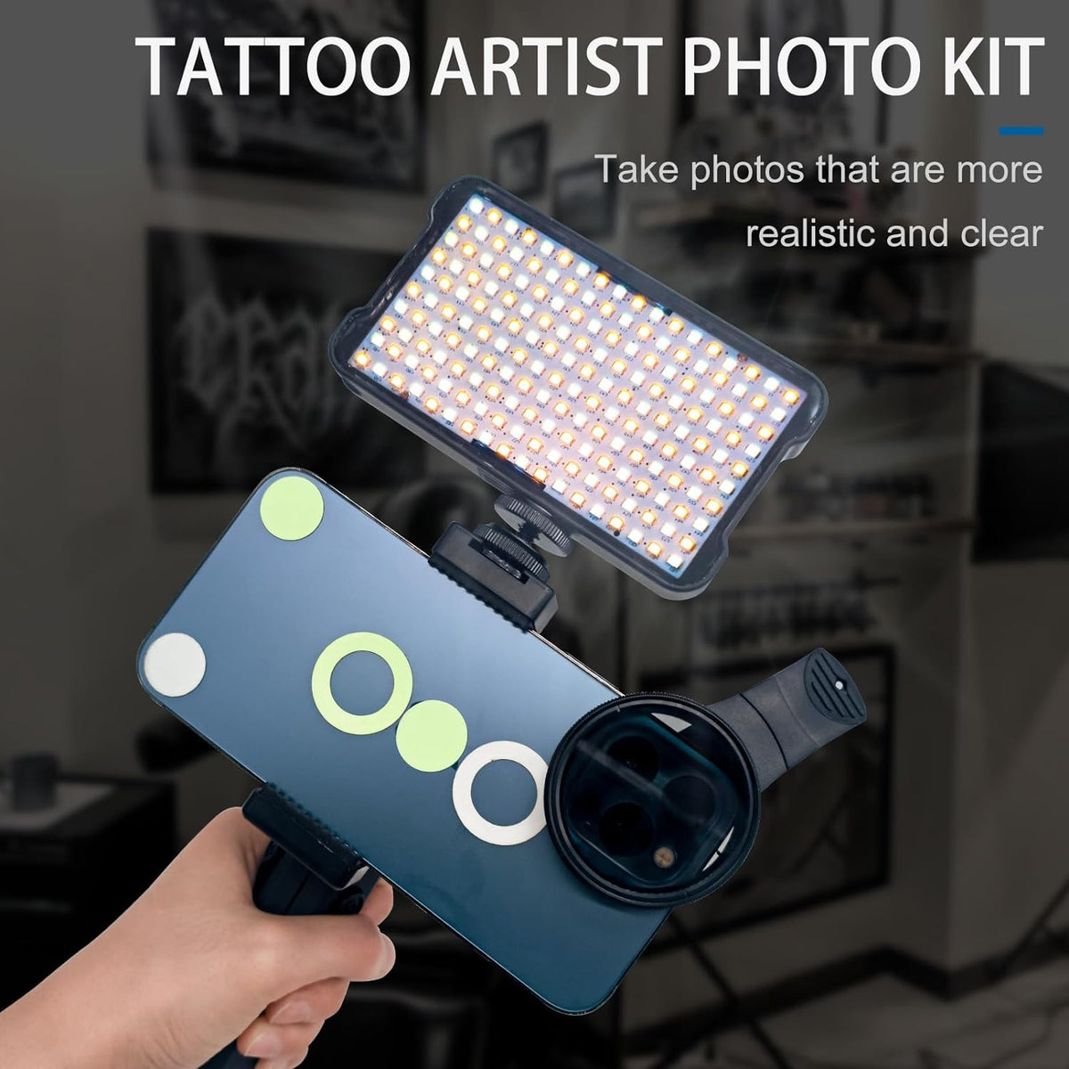 INKSOUL® Tattoo Photography Anti-Glare Kit – Polarizing Filter, Fill Light & Phone Stand