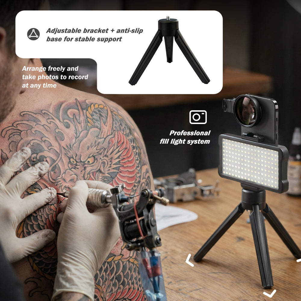 INKSOUL® Tattoo Photography Anti-Glare Kit – Polarizing Filter, Fill Light & Phone Stand