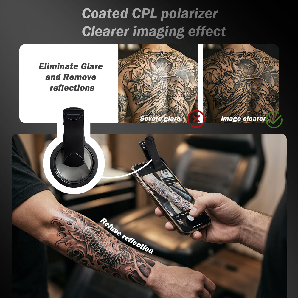 INKSOUL® Tattoo Photography Anti-Glare Kit – Polarizing Filter, Fill Light & Phone Stand