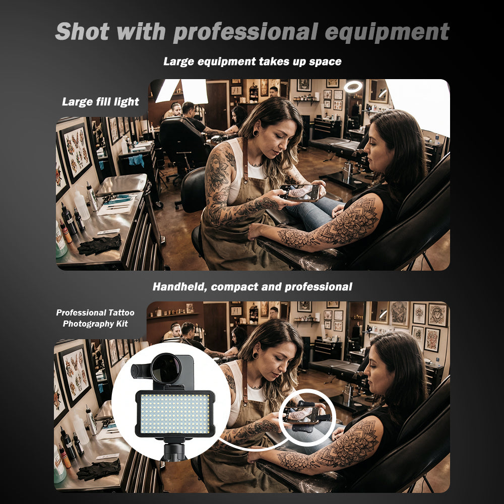 INKSOUL® Tattoo Photography Anti-Glare Kit – Polarizing Filter, Fill Light & Phone Stand