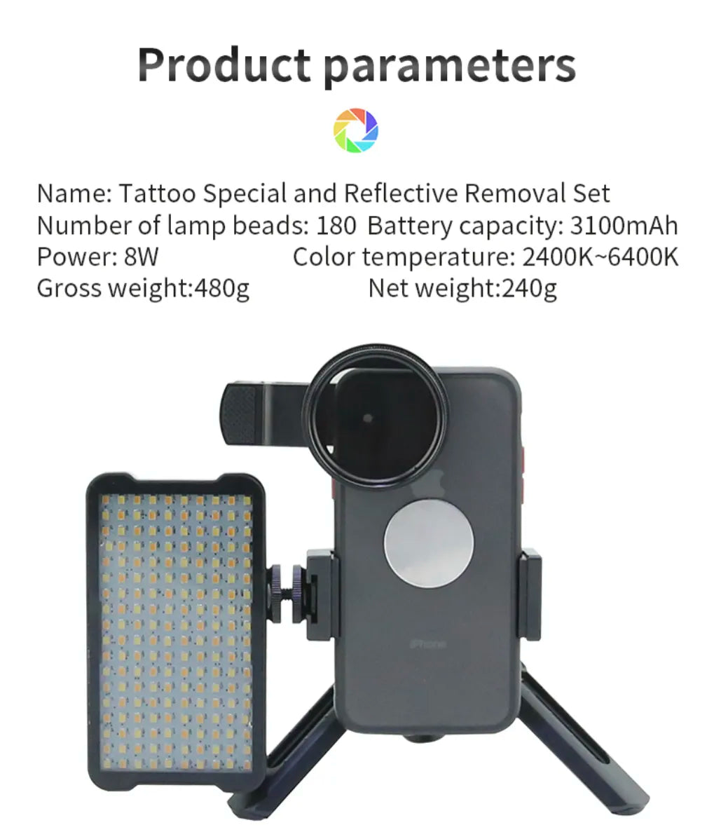 INKSOUL® Tattoo Photography Anti-Glare Kit – Polarizing Filter, Fill Light & Phone Stand