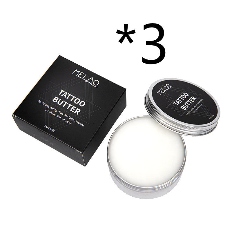 Melao Tattoo Aftercare Butter container with box, designed for before, during, and after care of tattoos.