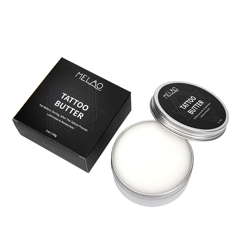 Melao Tattoo Aftercare Butter packaging and tin, perfect for before, during, and after tattoo sessions.