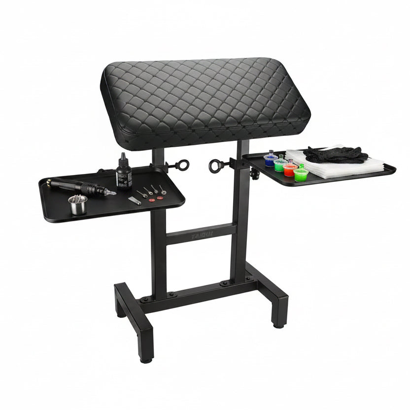 INKSOUL tattoo hand and arm rest – full station view with steel frame and padded support